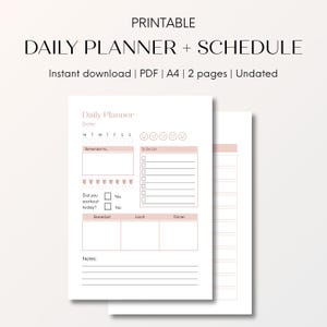 Planificador y agenda diaria rosa / PDF A4 imprimible / Lista de tareas minimalista / Hoja organizadora diaria / Página de productividad con estética suave