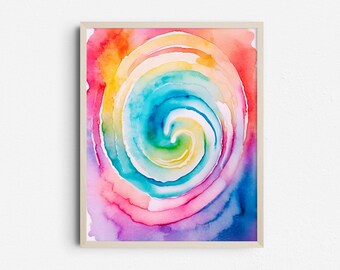 Psychedelic Rainbow Swirl Wall Art, Groovy Abstract Tie Dye Print, Digital Download