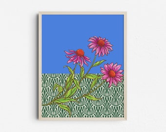 Vibrant Abstract Coneflowers Art, Contemporary Colorful Floral Print, Bright Eclectic Echinacea Printable