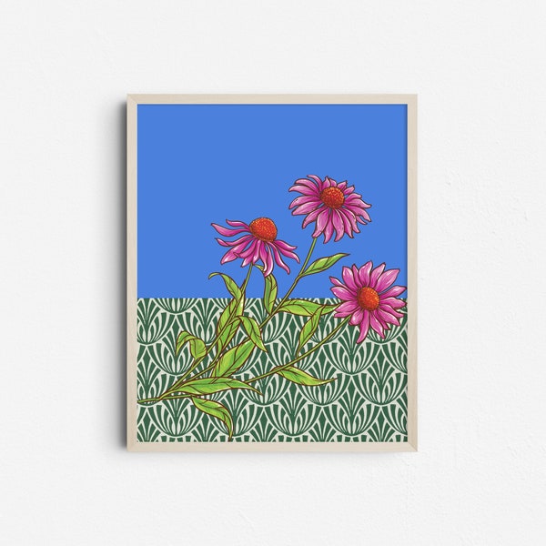 Vibrant Abstract Coneflowers Art, Contemporary Colorful Floral Print, Bright Eclectic Echinacea Printable