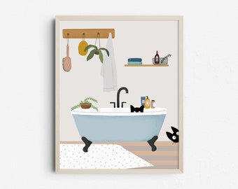 Beige Bathroom Black Cats Art Print, Digital Kids Wall Decor, Cat in Bathtub, Animal Lover Printable Artwork
