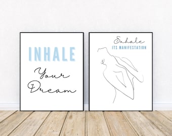 Inhale Exhale Set of 2 Yoga Prints, Dream Manifestation Printable Wall Art, Inspirational Quote Download