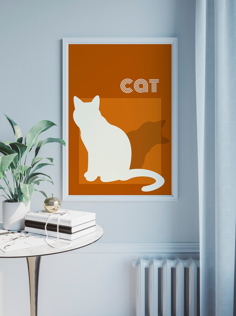 Mid Century Modern Cat Silhouette Art Print, Retro Orange and Cream Poster, Minimalist Cats Printable Decor 画像 4