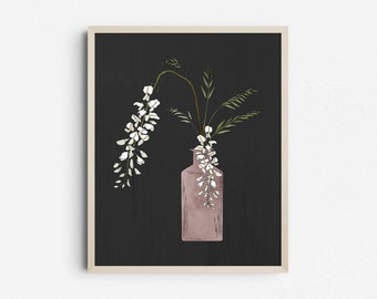 White Flowers in Vase Minimalist Illustration on Black Background, Flower Printable Poster, Digital Download