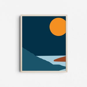 Abstract Sunset Over Blue Ocean Minimalist Print, Instant Download, Orange Sun Poster, Geometric Landscape