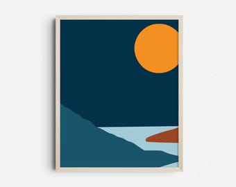 Sunset Abstract Modern Ocean Wall Art, Blue Printable, Minimalist Digital Download