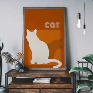 Mid Century Modern Cat Silhouette Art Print, Retro Orange and Cream Poster, Minimalist Cats Printable Decor 画像 3