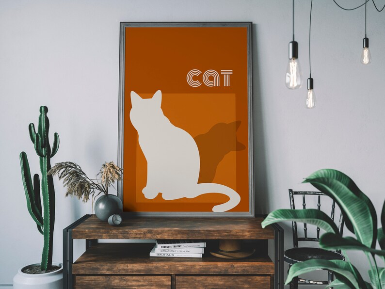 Mid Century Modern Cat Silhouette Art Print, Retro Orange and Cream Poster, Minimalist Cats Printable Decor 画像 3