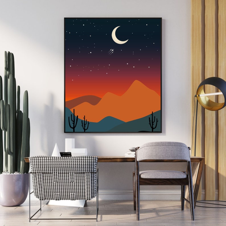 Printable Desert Night Wall Art, Boho Moon Desert Landscape Illustration, Western Mountain Digital Print image 2