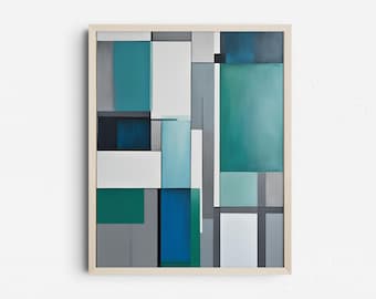 Modern Abstract Printable, Geometric Shapes Art, Blue Green Gray Contemporary Print, Digital Download
