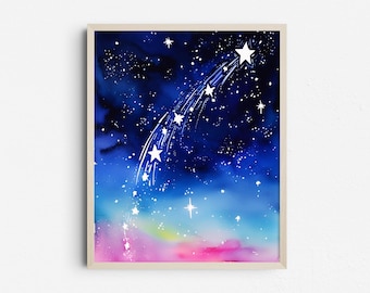 Shooting Star Wall Art, Dreamy Celestial Print, Starry Night Printable, Blue Pink Sky Poster