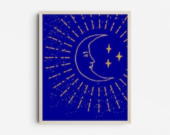 Printable Moon and Stars Zen Celestial Wall Art, Gold Crescent Moon on Blue Print, Boho Minimalist Décor