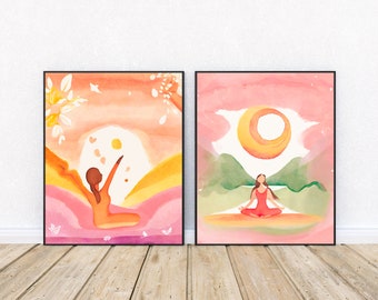 Colorful Women Meditation Watercolor Printable Art, Pink Zen Yoga Print Set, Joyful Positive Wall Decor