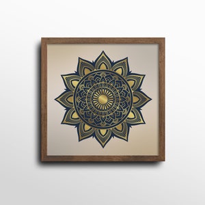 Square Set of Gold and Navy Modern Mandala Art Prints, Boho Yoga Décor, Set of 3 Chic Golden Mandalas image 5