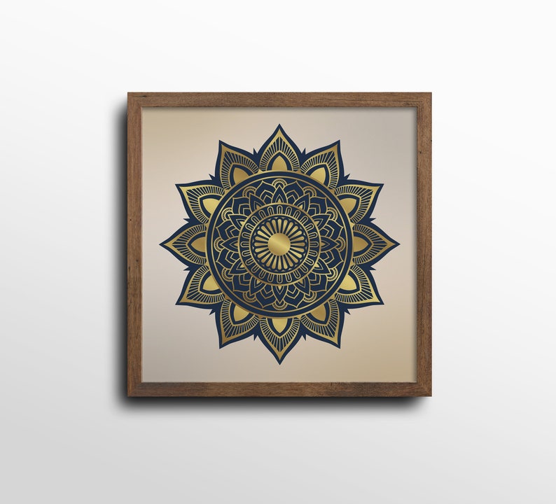 Square Set of Gold and Navy Modern Mandala Art Prints, Boho Yoga Décor, Set of 3 Chic Golden Mandalas image 5