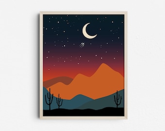 Western Boho Desert Landscape Print, Crescent Moon Night Art, Mountain Digital Download