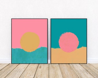 Set of 2 Abstract Colorful Sunrise Sunset Art Prints, Minimalist Wall Decor, Orange Pink Blue Printable