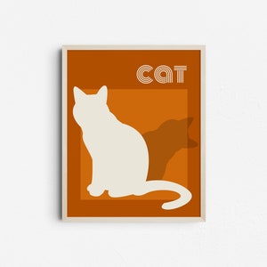 Mid Century Modern Cat Silhouette Art Print, Retro Orange and Cream Poster, Minimalist Cats Printable Decor 画像 1