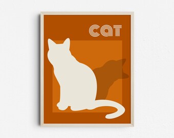Mid Century Modern Cat Silhouette Art Print, Retro Orange and Cream Poster, Minimalist Cats Printable Decor