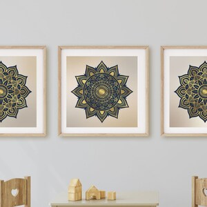 Square Set of Gold and Navy Modern Mandala Art Prints, Boho Yoga Décor, Set of 3 Chic Golden Mandalas image 3