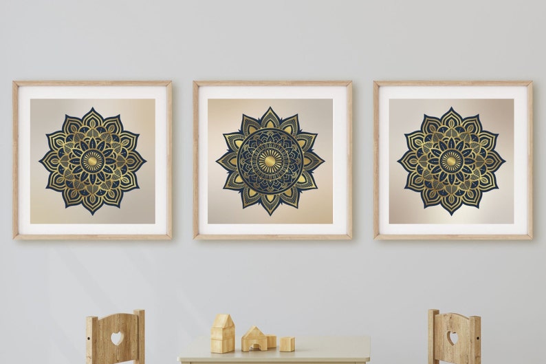 Square Set of Gold and Navy Modern Mandala Art Prints, Boho Yoga Décor, Set of 3 Chic Golden Mandalas image 3