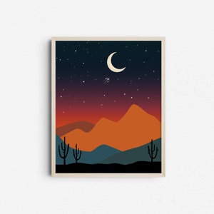 Printable Desert Night Wall Art, Boho Moon Desert Landscape Illustration, Western Mountain Digital Print image 1