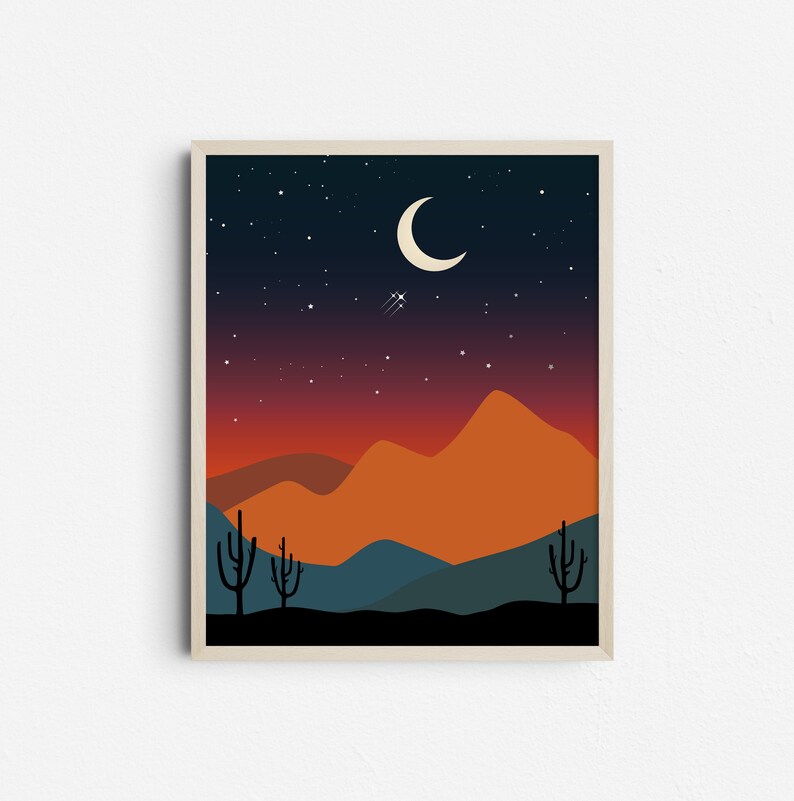 Printable Desert Night Wall Art, Boho Moon Desert Landscape Illustration, Western Mountain Digital Print image 1