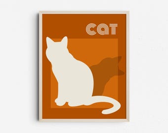 Mid Century Modern Cat Art Print, Retro Orange Poster, Minimalist Digital Download