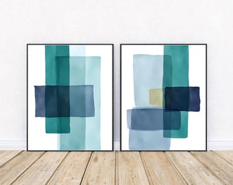 Blue Wall Art Set of 2 Prints, Minimalist Abstract Watercolor Printable, Digital Download