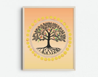 Boho Birds Tree of Life Printable Wall Art, Orange Yellow Print, Colorful Yoga Decor, Spiritual Zen Poster