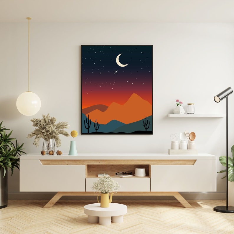 Printable Desert Night Wall Art, Boho Moon Desert Landscape Illustration, Western Mountain Digital Print image 3