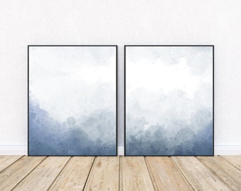 Set of 2 Cloudy Blue Gray Wall Art, Printable Abstract Watercolor Neutral Prints, Minimalist Instant Download