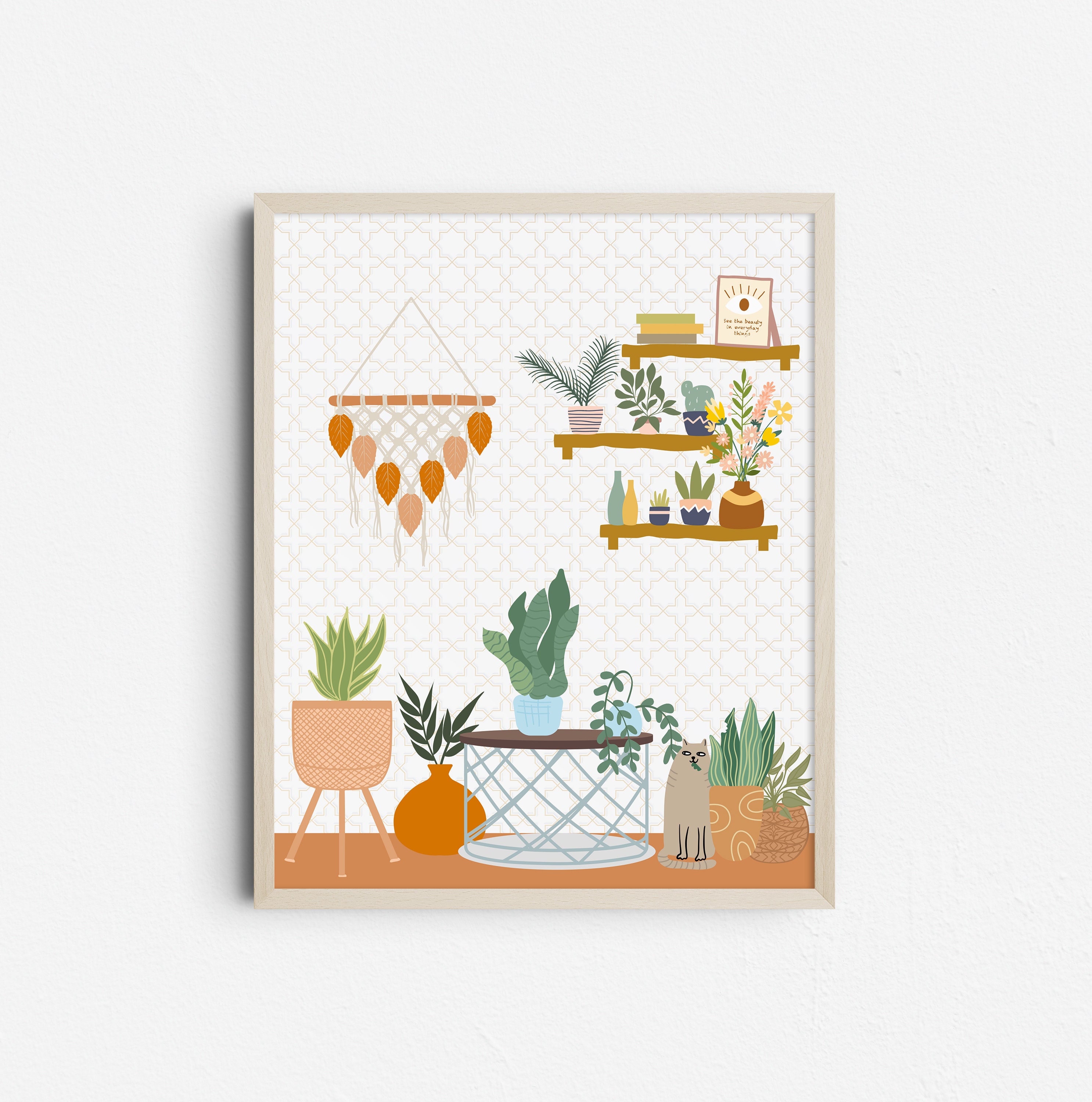 Boho Botanical Houseplants Art Print, Cat and Indoor House Plants Printable Poster, Plant Life Illustration