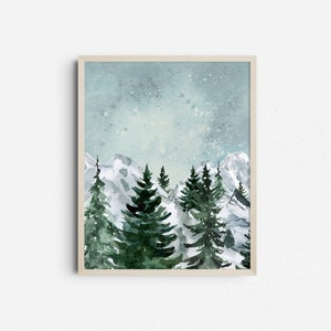 Arte imprimible de paisaje de bosque nevado, acuarela de pinos, póster de montañas invernales, impresión melancólica