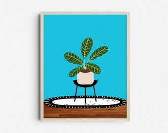 Boho Blue Plant Stand Print, Indoor Botanical Wall Art, Vibrant Houseplant Decor, Colorful Printable Poster