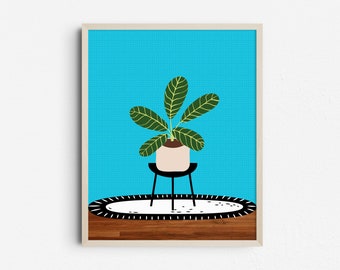 Boho Blue Indoor Plant Stand Print, House Plants Botanical Wall Art, Colorful Houseplant Printable Poster