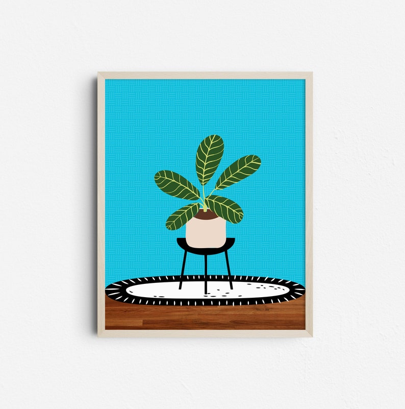 Boho Blue Indoor Plant Stand Print, House Plants Botanical Wall Art, Colorful Houseplant Printable Poster image 1
