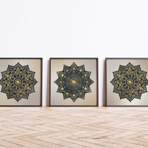 Square Set of Gold and Navy Modern Mandala Art Prints, Boho Yoga Décor, Set of 3 Chic Golden Mandalas image 1