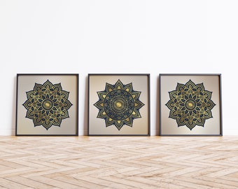Mandala Art, Square Gold and Navy Prints, Boho Yoga Decor (Digital Download Set of 3)