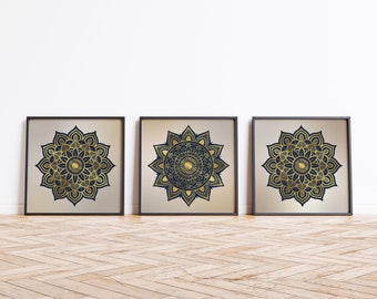 Square Set of Gold and Navy Modern Mandala Art Prints, Boho Yoga Décor, Set of 3 Chic Golden Mandalas