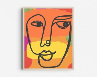 Modern Abstract Face Digital Print, Colorful Line Art Portrait Wall Décor, Vibrant Orange Boho Printable