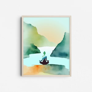 Impression de méditation zen yoga, art mural Lotus pose silhouette, déco pleine conscience, aquarelle bohème imprimable