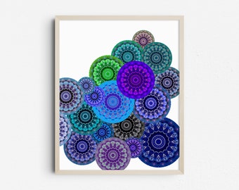 Mystical Mandalas Art Print, Contemporary Sacred Geometry Wall Decor, Blue Green Purple Boho Printable