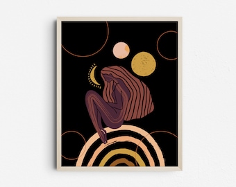 Moon Goddess Wall Print,  Bohemian Mystical Illustration, Sacred Feminine Celestial Printable Art Poster