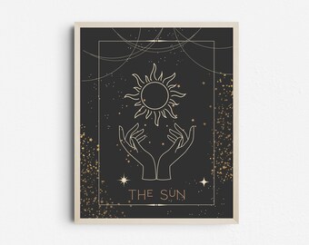 The Sun Tarot Spiritual Poster, Boho Celestial Wall Art, Tarot Card Print, Mystical Astrology Posters