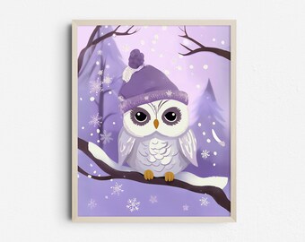 Snowy Owl Print: Winter Forest, Purple Woodland Animal Art (Digital Download)