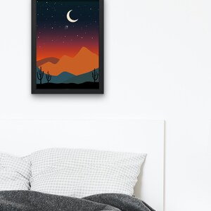 Printable Desert Night Wall Art, Boho Moon Desert Landscape Illustration, Western Mountain Digital Print image 6