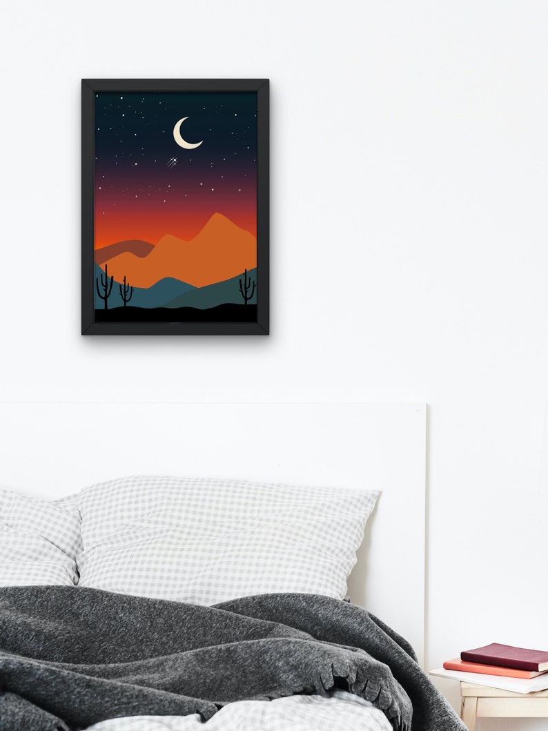 Printable Desert Night Wall Art, Boho Moon Desert Landscape Illustration, Western Mountain Digital Print image 6