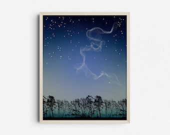 Starry Gradient Night Sky Landscape Digital Print, Shooting Stars Art, Silhouette of Trees, Blue Space Décor