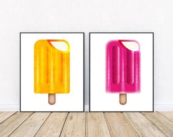 Cute Modern Kids Popsicle Posters, Summer Popsicles Prints, Pink Orange Art, Kids Printable Illustration